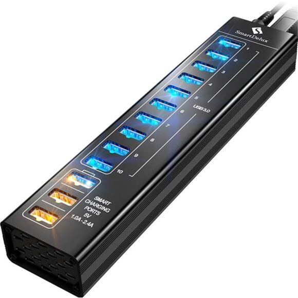 Powered USB Hub - 13-Port USB 3.0 Hub with 10 USB 3.0 Ports, 3 Smart Charging - Picture 1 of 7